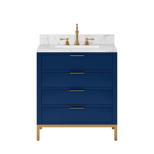 Water Creation BR30CW06MB-000TL1206 BRISTOL 30"W x 34"H Monarch Blue Single-Sink Vanity with Carrara White Marble Countertop + Satin Gold Hook Faucet