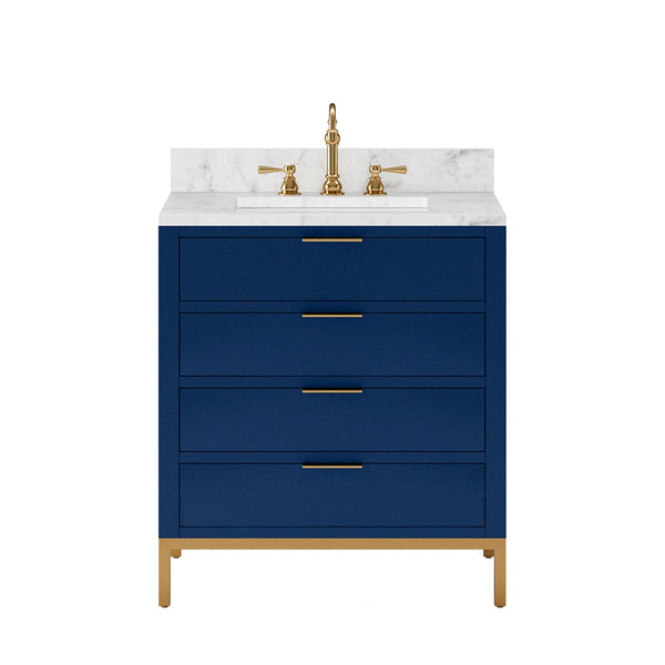 Water Creation BR30CW06MB-000TL1206 BRISTOL 30W x 34H Monarch Blue Single-Sink Vanity with Carrara White Marble Countertop + Satin Gold Hook Faucet