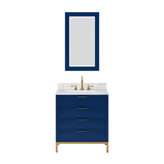 Water Creation BR30CW06MB-R21000000 BRISTOL 30"W x 34"H Monarch Blue Single-Sink Vanity with Carrara White Marble Countertop + Rectangular Mirror (S)