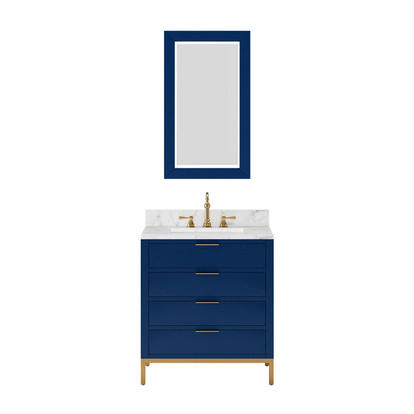 Water Creation BR30CW06MB-R21000000 BRISTOL 30W x 34H Monarch Blue Single-Sink Vanity with Carrara White Marble Countertop + Rectangular Mirror (S)