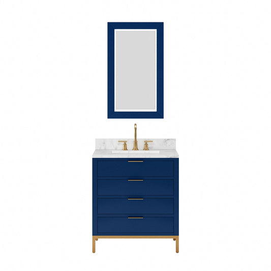 Water Creation BR30CW06MB-R21BL1406 BRISTOL 30"W x 34"H Monarch Blue Single-Sink Vanity with Carrara White Marble Countertop + Satin Gold Gooseneck Faucet and Rectangular Mirror (S)