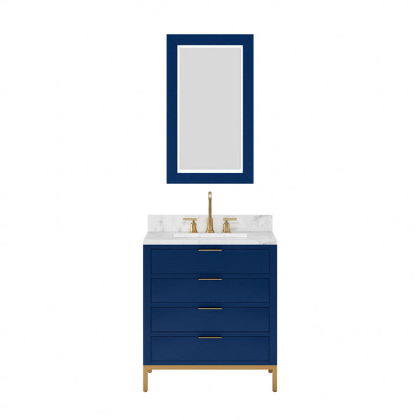 Water Creation BR30CW06MB-R21BL1406 BRISTOL 30W x 34H Monarch Blue Single-Sink Vanity with Carrara White Marble Countertop + Satin Gold Gooseneck Faucet and Rectangular Mirror (S)