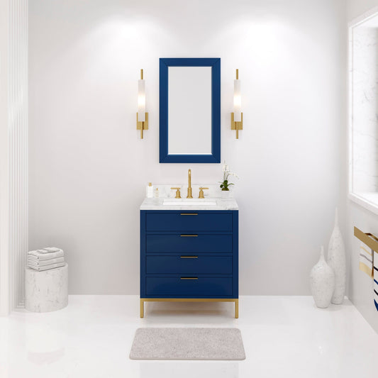 Water Creation BR30CW06MB-R21BL1406 BRISTOL 30"W x 34"H Monarch Blue Single-Sink Vanity with Carrara White Marble Countertop + Satin Gold Gooseneck Faucet and Rectangular Mirror (S)