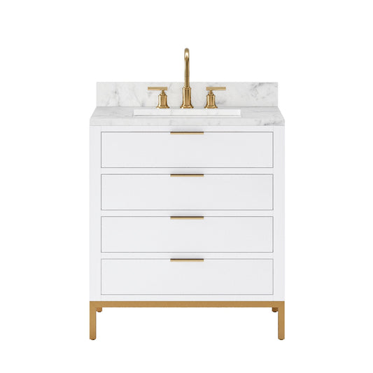 Water Creation BR30CW06PW-000BL1406 BRISTOL 30"W x 34"H Pure White Single-Sink Vanity with Carrara White Marble Countertop + Satin Gold Gooseneck Faucet