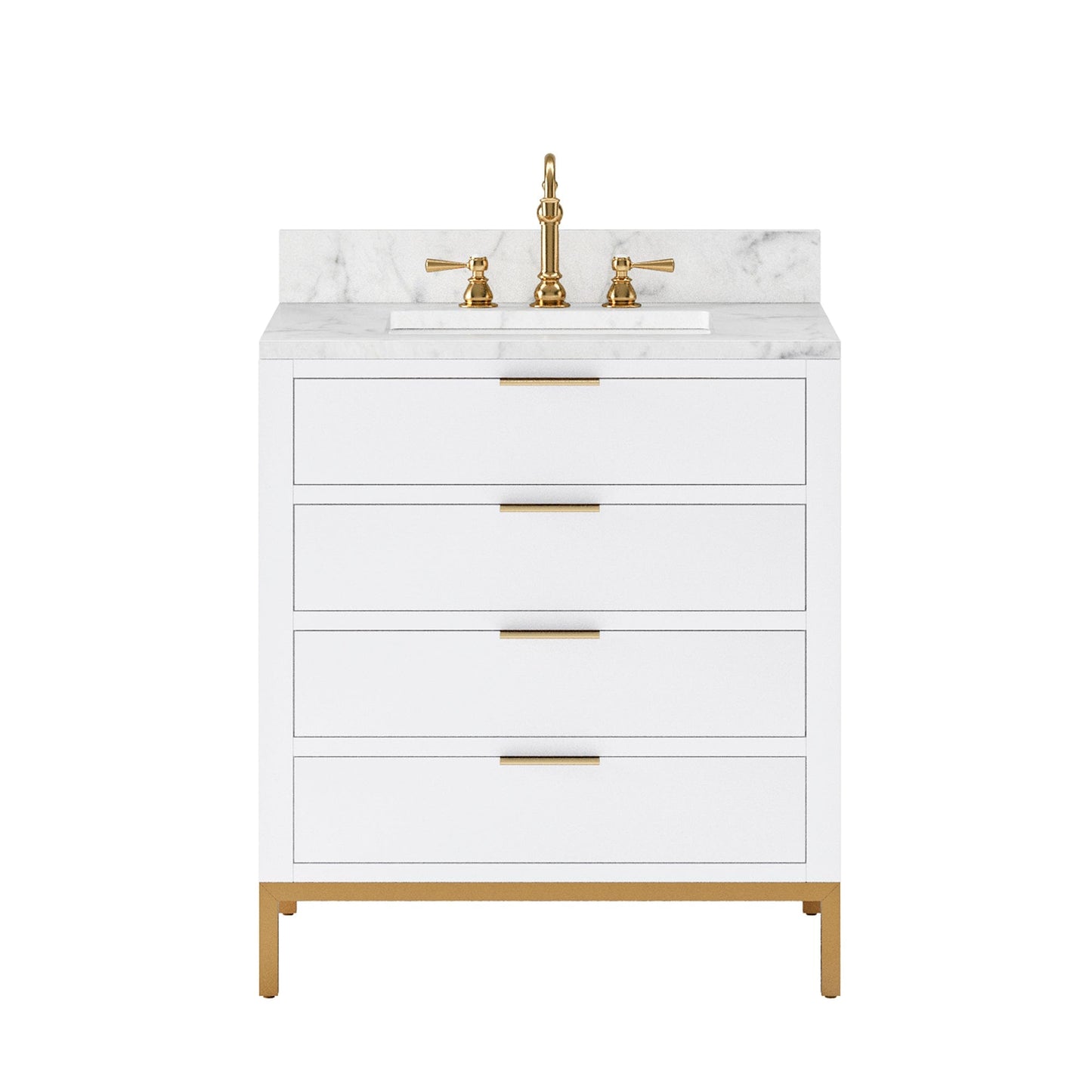 Water Creation BR30CW06PW-000TL1206 BRISTOL 30"W x 34"H Pure White Single-Sink Vanity with Carrara White Marble Countertop + Satin Gold Hook Faucet