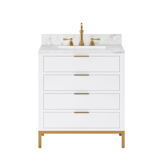 Water Creation BR30CW06PW-000TL1206 BRISTOL 30"W x 34"H Pure White Single-Sink Vanity with Carrara White Marble Countertop + Satin Gold Hook Faucet