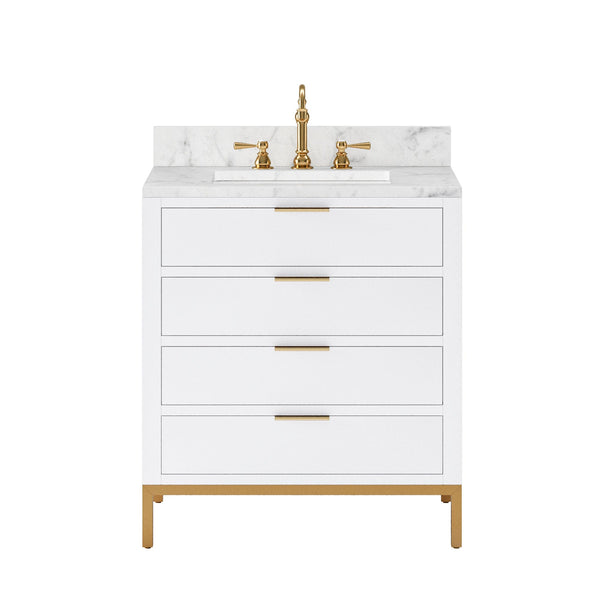 Water Creation BR30CW06PW-000TL1206 BRISTOL 30W x 34H Pure White Single-Sink Vanity with Carrara White Marble Countertop + Satin Gold Hook Faucet