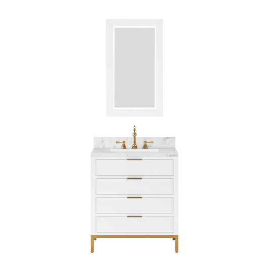 Water Creation BR30CW06PW-R21000000 BRISTOL 30"W x 34"H Pure White Single-Sink Vanity with Carrara White Marble Countertop + Rectangular Mirror (S)