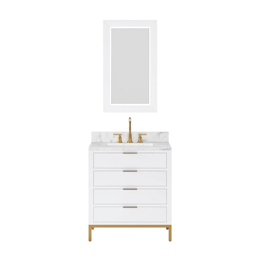 Water Creation BR30CW06PW-R21BL1406 BRISTOL 30"W x 34"H Pure White Single-Sink Vanity with Carrara White Marble Countertop + Satin Gold Gooseneck Faucet and Rectangular Mirror (S)