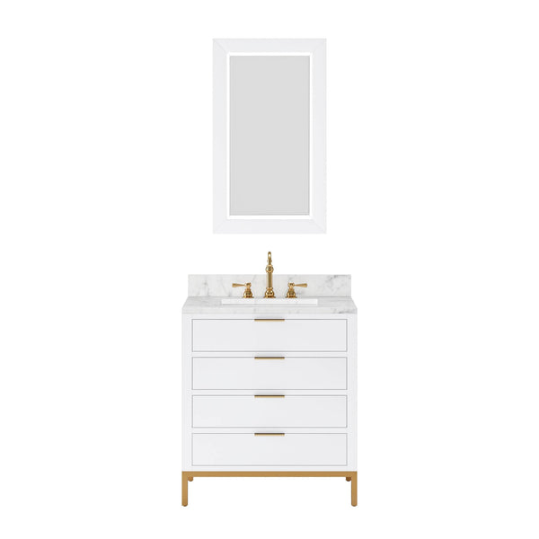 Water Creation BR30CW06PW-R21TL1206 BRISTOL 30W x 34H Pure White Single-Sink Vanity with Carrara White Marble Countertop + Satin Gold Hook Faucet and Rectangular Mirror (S)