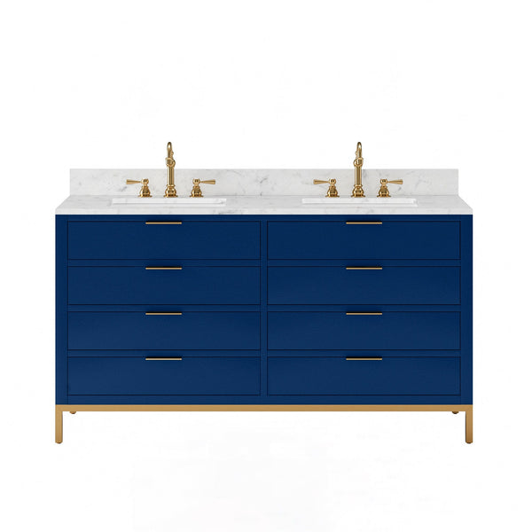 Water Creation BR60CW06MB-000000000 BRISTOL 60W x 34H Monarch Blue Double-Sink Vanity with Carrara White Marble Countertop (Vanity Only)