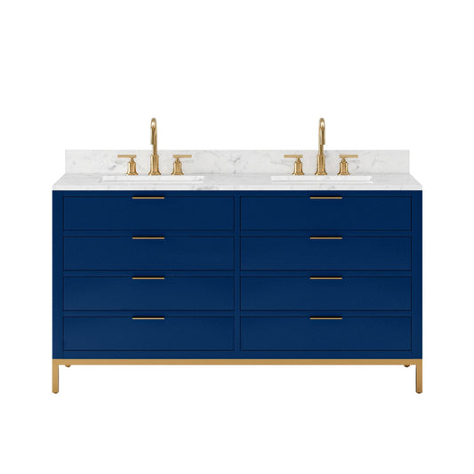 Water Creation BR60CW06MB-000BL1406 BRISTOL 60"W x 34"H Monarch Blue Double-Sink Vanity with Carrara White Marble Countertop + Satin Gold Gooseneck Faucets