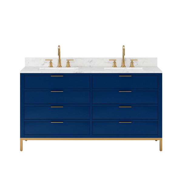 Water Creation BR60CW06MB-000BL1406 BRISTOL 60W x 34H Monarch Blue Double-Sink Vanity with Carrara White Marble Countertop + Satin Gold Gooseneck Faucets