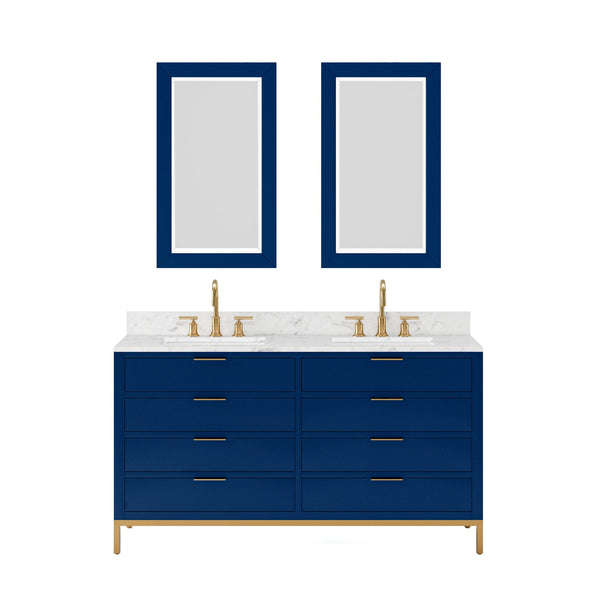 Water Creation BR60CW06MB-R21BL1406 BRISTOL 60W x 34H Monarch Blue Double-Sink Vanity with Carrara White Marble Countertop + Satin Gold Gooseneck Faucets and Rectangular Mirrors (S)