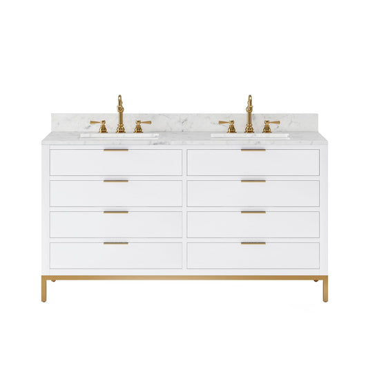 Water Creation BR60CW06PW-000000000 BRISTOL 60"W x 34"H Pure White Double-Sink Vanity with Carrara White Marble Countertop (Vanity Only)