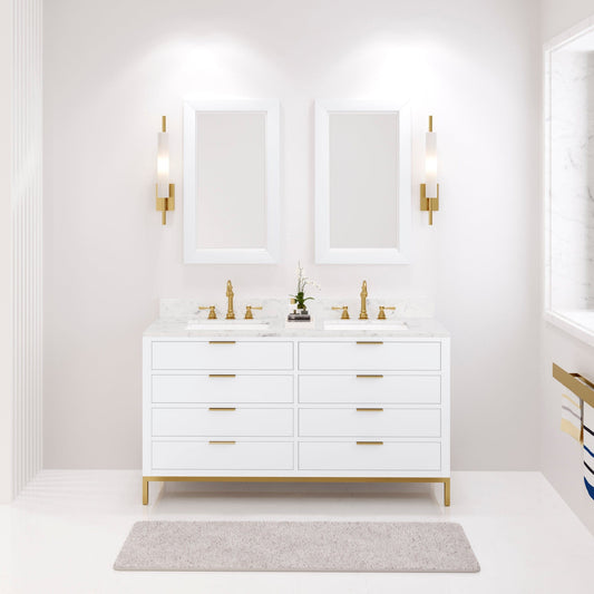 Water Creation BR60CW06PW-000000000 BRISTOL 60"W x 34"H Pure White Double-Sink Vanity with Carrara White Marble Countertop (Vanity Only)