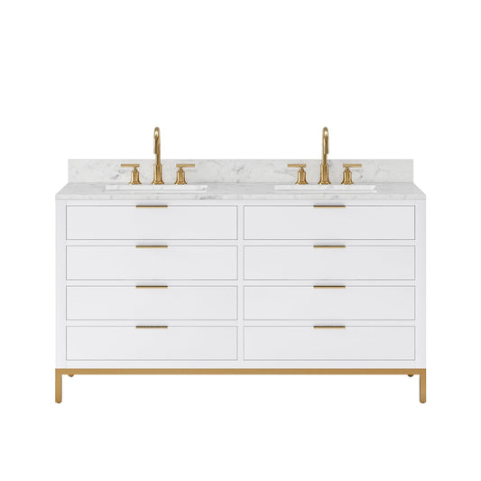 Water Creation BR60CW06PW-000BL1406 BRISTOL 60"W x 34"H Pure White Double-Sink Vanity with Carrara White Marble Countertop + Satin Gold Gooseneck Faucets