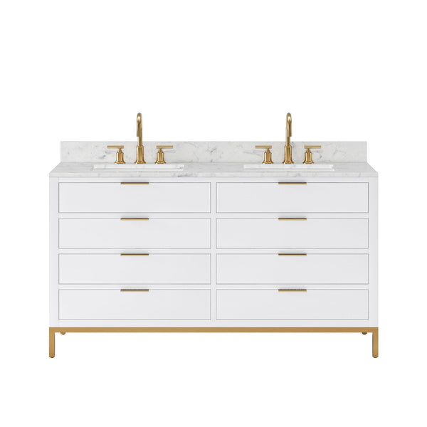 Water Creation BR60CW06PW-000BL1406 BRISTOL 60W x 34H Pure White Double-Sink Vanity with Carrara White Marble Countertop + Satin Gold Gooseneck Faucets