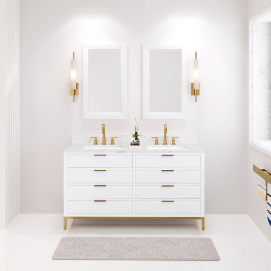 Water Creation BR60CW06PW-000BL1406 BRISTOL 60"W x 34"H Pure White Double-Sink Vanity with Carrara White Marble Countertop + Satin Gold Gooseneck Faucets