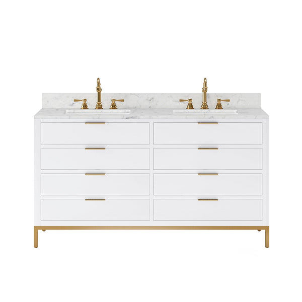 Water Creation BR60CW06PW-000TL1206 BRISTOL 60W x 34H Pure White Double-Sink Vanity with Carrara White Marble Countertop + Satin Gold Hook Faucets