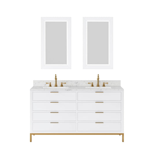 Water Creation BR60CW06PW-R21TL1206 BRISTOL 60"W x 34"H Pure White Double-Sink Vanity with Carrara White Marble Countertop + Satin Gold Hook Faucets and Rectangular Mirrors (S)