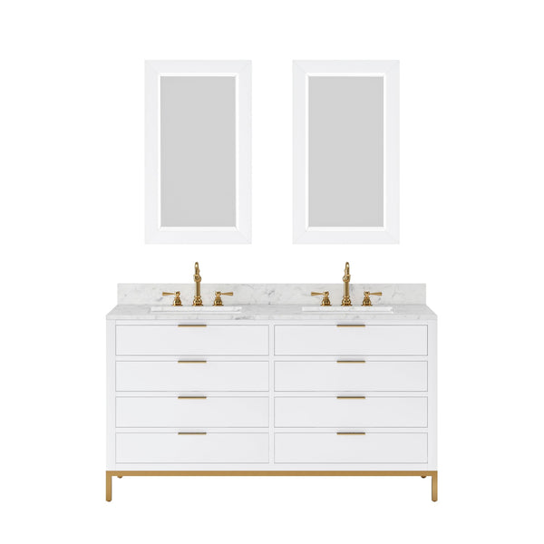 Water Creation BR60CW06PW-R21TL1206 BRISTOL 60W x 34H Pure White Double-Sink Vanity with Carrara White Marble Countertop + Satin Gold Hook Faucets and Rectangular Mirrors (S)