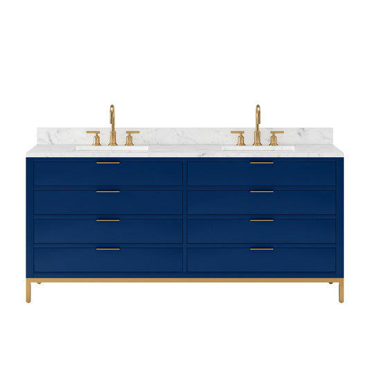 Water Creation BR72CW06MB-000BL1406 BRISTOL 72"W x 34"H Monarch Blue Double-Sink Vanity with Carrara White Marble Countertop + Satin Gold Gooseneck Faucets