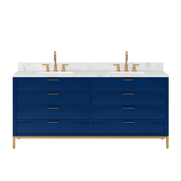 Water Creation BR72CW06MB-000BL1406 BRISTOL 72W x 34H Monarch Blue Double-Sink Vanity with Carrara White Marble Countertop + Satin Gold Gooseneck Faucets