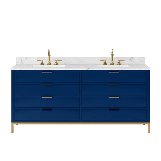 Water Creation BR72CW06MB-000TL1206 BRISTOL 72"W x 34"H Monarch Blue Double-Sink Vanity with Carrara White Marble Countertop + Satin Gold Hook Faucets