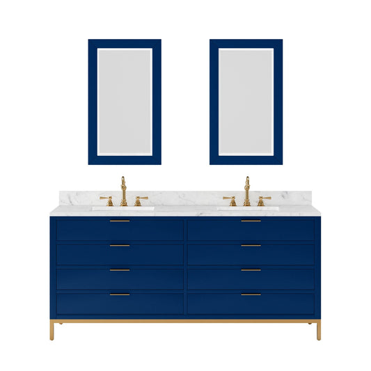 Water Creation BR72CW06MB-R21000000 BRISTOL 72"W x 34"H Monarch Blue Double-Sink Vanity with Carrara White Marble Countertop + Rectangular Mirrors (S)