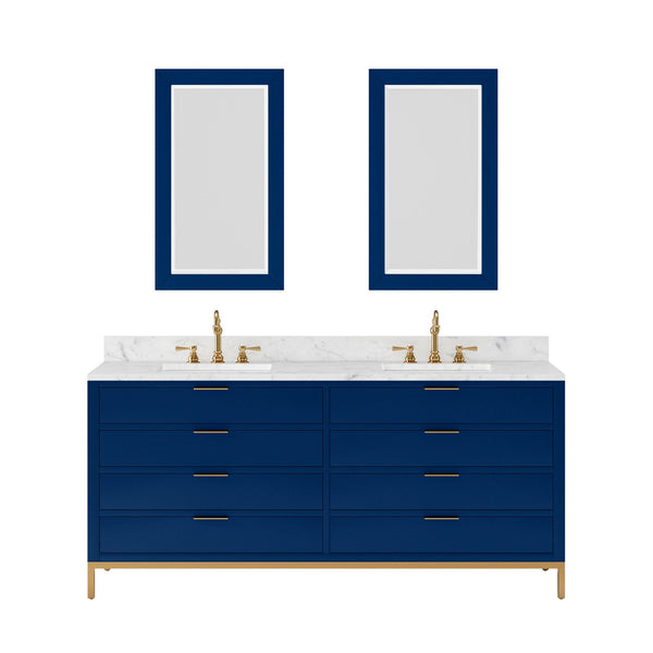 Water Creation BR72CW06MB-R21000000 BRISTOL 72W x 34H Monarch Blue Double-Sink Vanity with Carrara White Marble Countertop + Rectangular Mirrors (S)