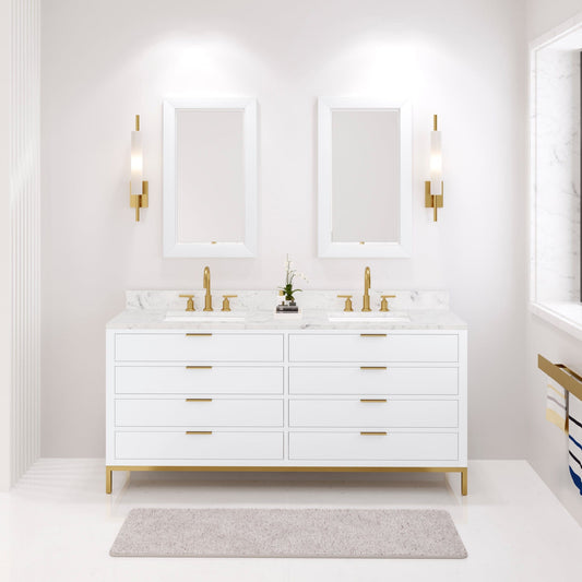 Water Creation BR72CW06PW-000000000 BRISTOL 72"W x 34"H Pure White Double-Sink Vanity with Carrara White Marble Countertop (Vanity Only)