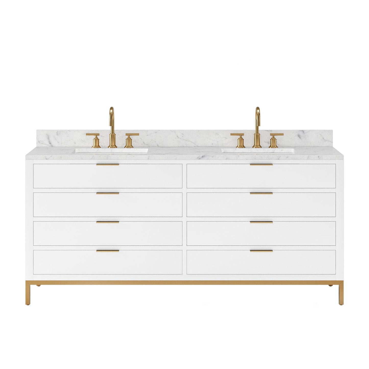 Water Creation BR72CW06PW-000BL1406 BRISTOL 72"W x 34"H Pure White Double-Sink Vanity with Carrara White Marble Countertop + Satin Gold Gooseneck Faucets