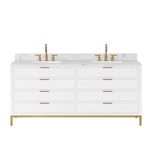 Water Creation BR72CW06PW-000BL1406 BRISTOL 72"W x 34"H Pure White Double-Sink Vanity with Carrara White Marble Countertop + Satin Gold Gooseneck Faucets