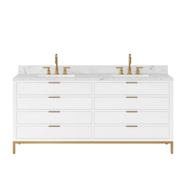 Water Creation BR72CW06PW-000BL1406 BRISTOL 72W x 34H Pure White Double-Sink Vanity with Carrara White Marble Countertop + Satin Gold Gooseneck Faucets