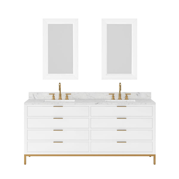 Water Creation BR72CW06PW-R21BL1406 BRISTOL 72W x 34H Pure White Double-Sink Vanity with Carrara White Marble Countertop + Satin Gold Gooseneck Faucets and Rectangular Mirrors (S)