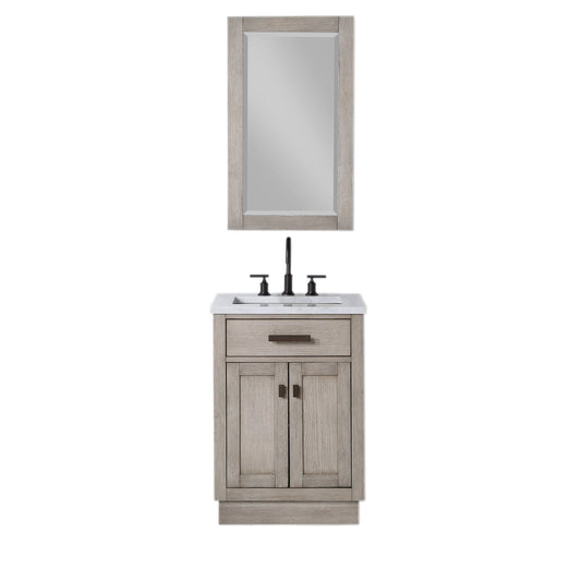 Water Creation CH24CW03GK-R21000000 CHESTNUT 24"W x 34.2"H Gray Oak Single-Sink Vanity with Carrara White Marble Countertop + Mirror