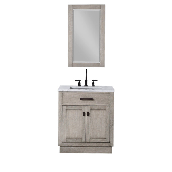 Water Creation CH30CW03GK-R21000000 CHESTNUT 30W x 34.2H Gray Oak Single-Sink Vanity with Carrara White Marble Countertop + Mirror