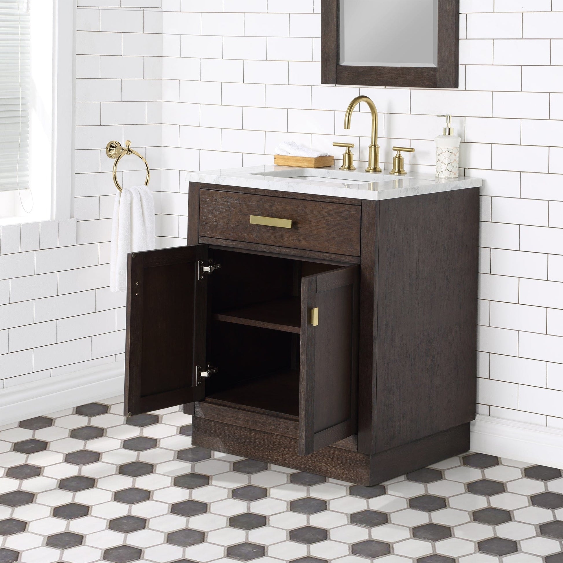 Water Creation CH30CW06BK-000000000 CHESTNUT 30"W x 34.2"H Brown Oak Single-Sink Vanity with Carrara White Marble Countertop (Vanity Only)