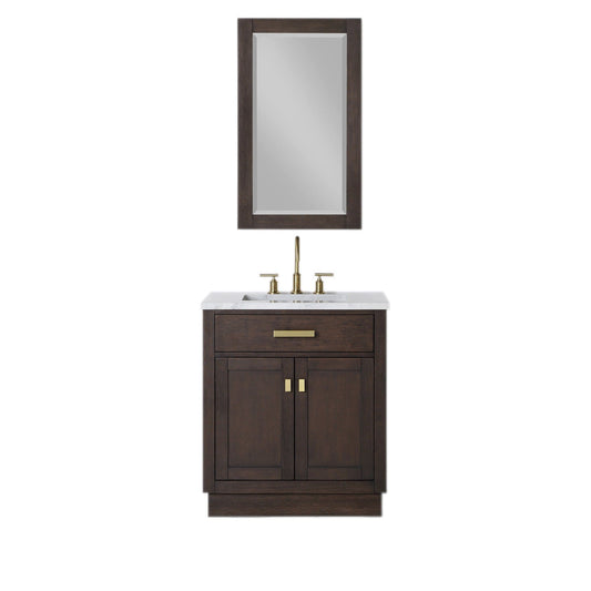 Water Creation CH30CW06BK-R21000000 CHESTNUT 30"W x 34.2"H Brown Oak Single-Sink Vanity with Carrara White Marble Countertop + Mirror