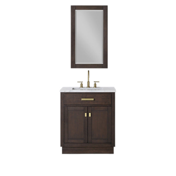 Water Creation CH30CW06BK-R21000000 CHESTNUT 30W x 34.2H Brown Oak Single-Sink Vanity with Carrara White Marble Countertop + Mirror