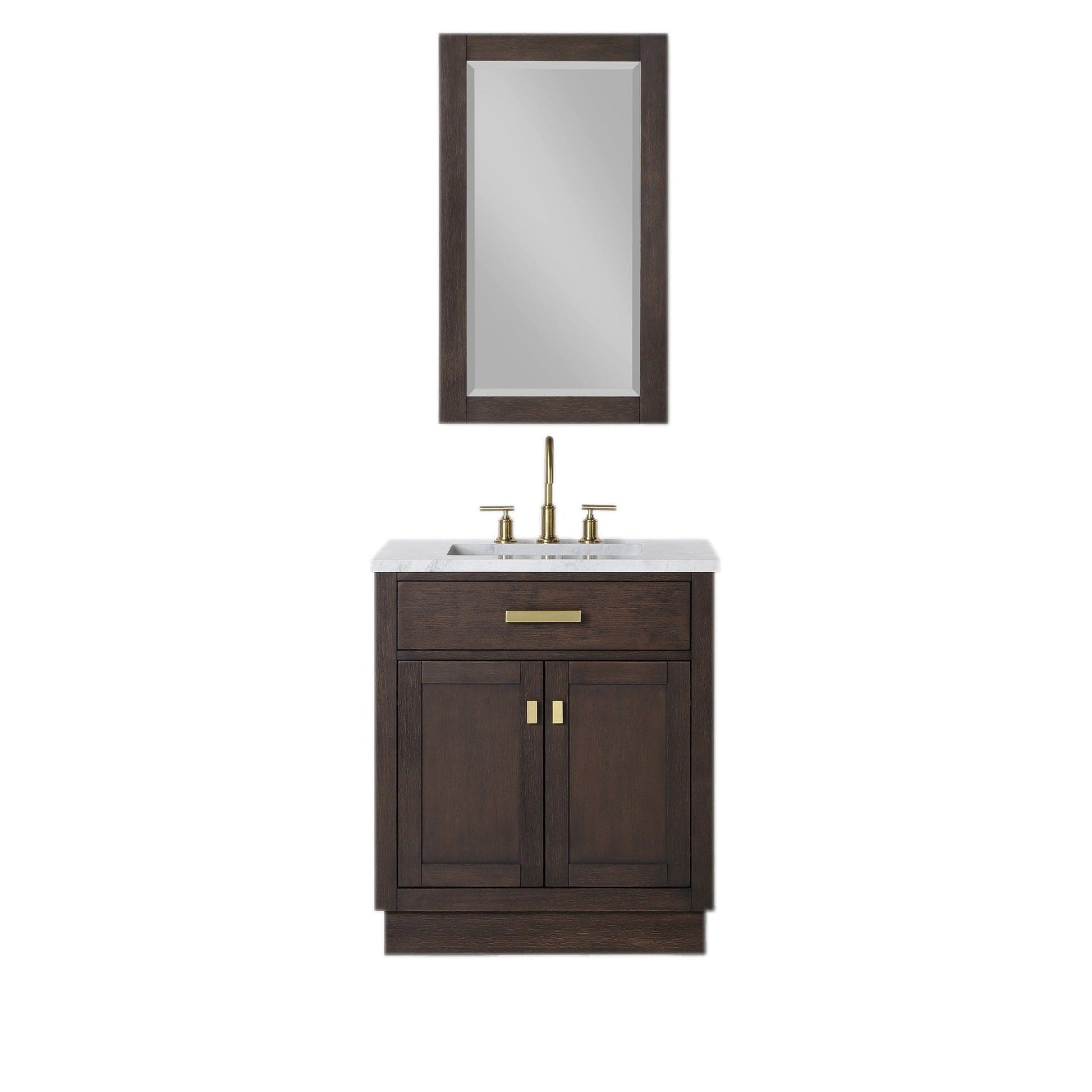 Water Creation CH30CW06BK-R21BL1406 CHESTNUT 30"W x 34.2"H Brown Oak Single-Sink Vanity with Carrara White Marble Countertop + Faucet & Mirror