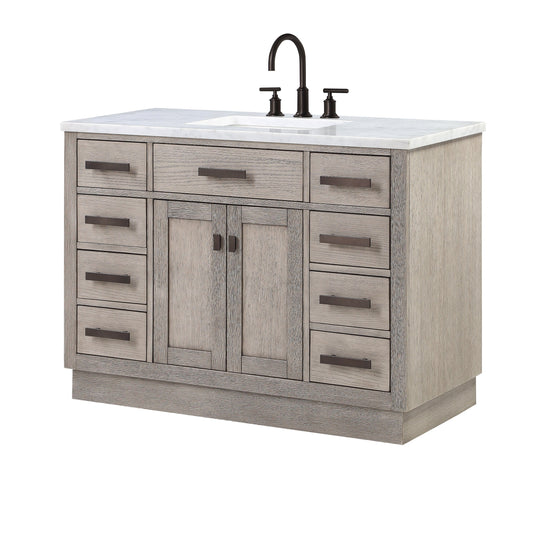 Water Creation CH48CW03GK-000BL1403 CHESTNUT 48"W x 34.2"H Gray Oak Single-Sink Vanity with Carrara White Marble Countertop + Faucet