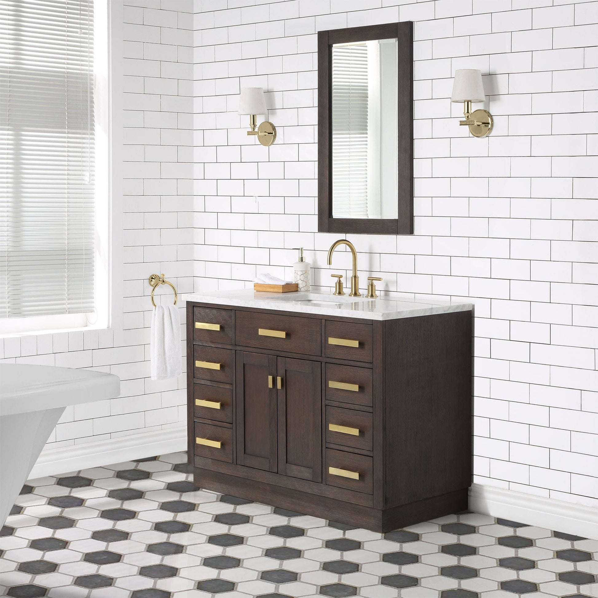 Water Creation CH48CW06BK-000BL1406 CHESTNUT 48"W x 34.2"H Brown Oak Single-Sink Vanity with Carrara White Marble Countertop + Faucet
