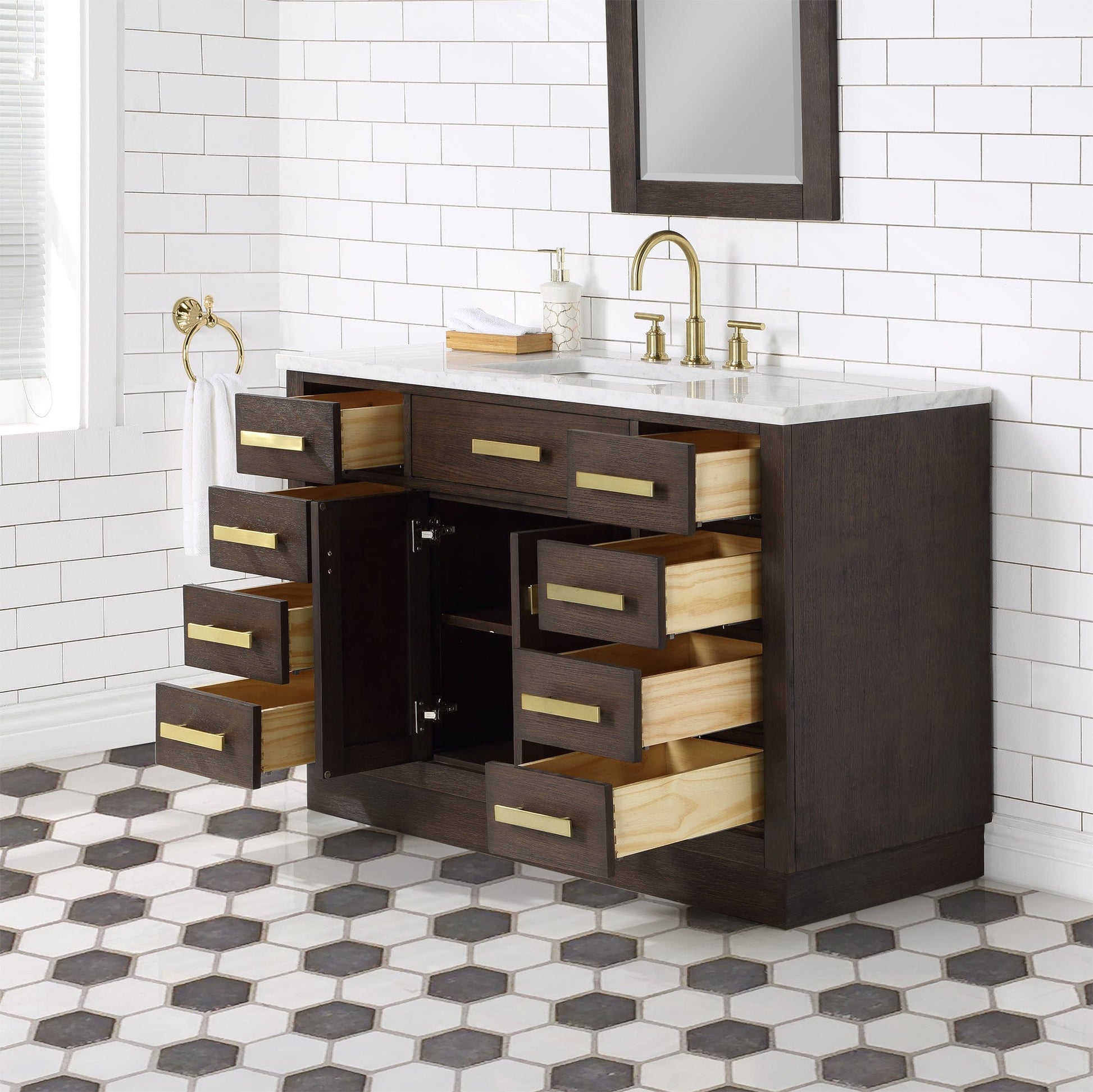 Water Creation CH48CW06BK-000BL1406 CHESTNUT 48"W x 34.2"H Brown Oak Single-Sink Vanity with Carrara White Marble Countertop + Faucet