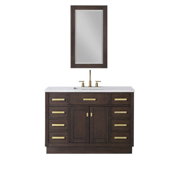 Water Creation CH48CW06BK-R21000000 CHESTNUT 48W x 34.2H Brown Oak Single-Sink Vanity with Carrara White Marble Countertop + Mirror