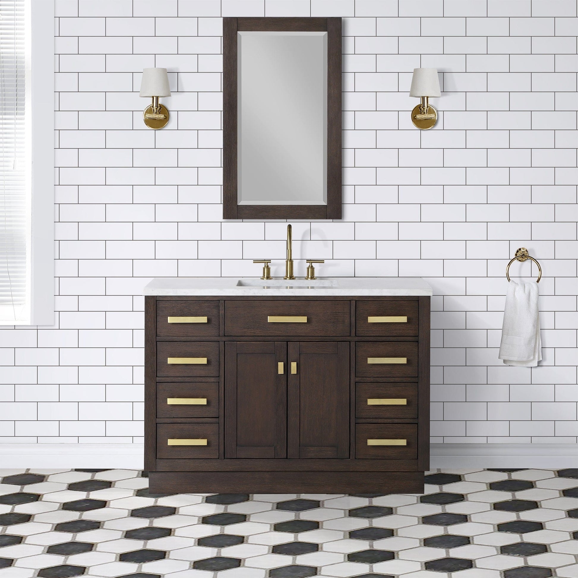 Water Creation CH48CW06BK-R21000000 CHESTNUT 48"W x 34.2"H Brown Oak Single-Sink Vanity with Carrara White Marble Countertop + Mirror