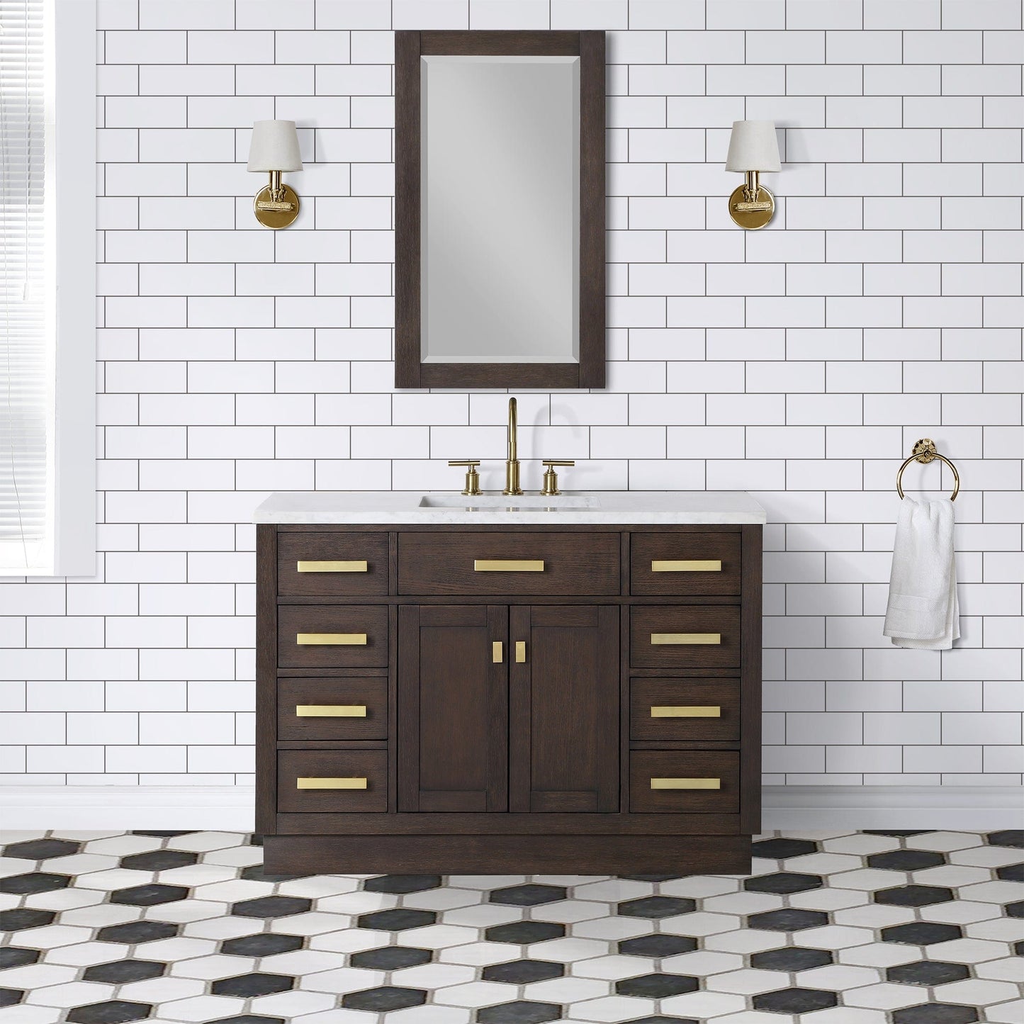 Water Creation CH48CW06BK-R21000000 CHESTNUT 48"W x 34.2"H Brown Oak Single-Sink Vanity with Carrara White Marble Countertop + Mirror