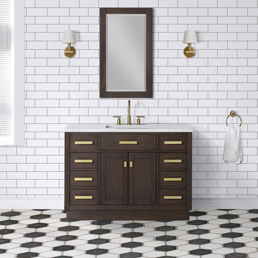 Water Creation CH48CW06BK-R21BL1406 CHESTNUT 48"W x 34.2"H Brown Oak Single-Sink Vanity with Carrara White Marble Countertop + Faucet & Mirror