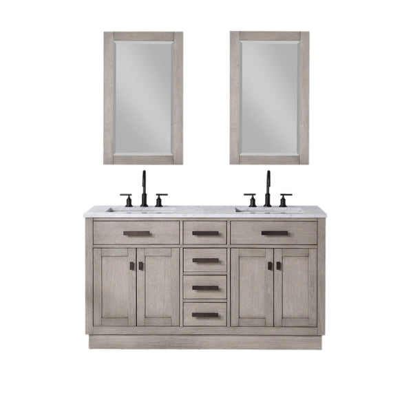 Water Creation CH60CW03GK-R21000000 CHESTNUT 60W x 34.2H Gray Oak Double-Sink Vanity with Carrara White Marble Countertop + Mirrors